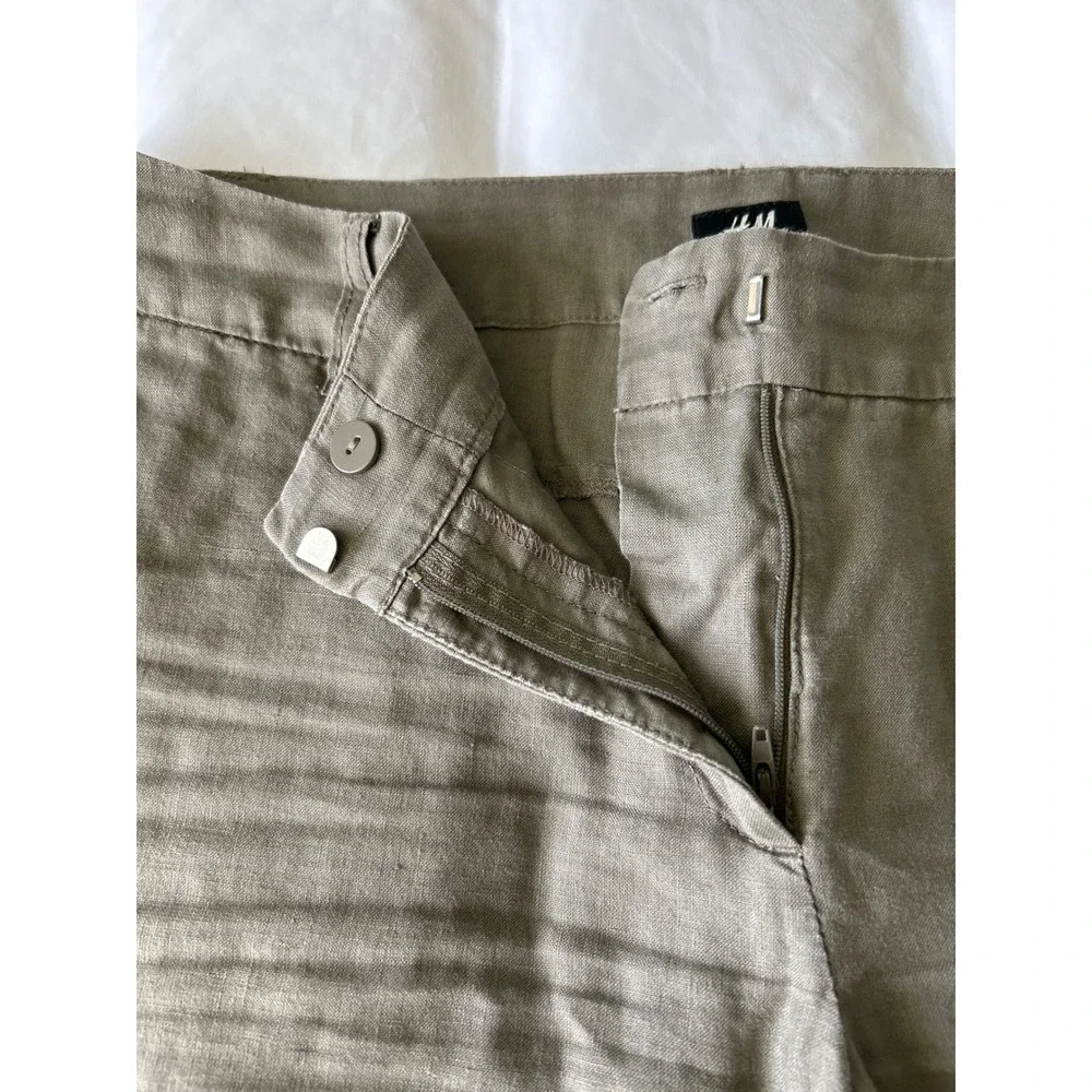 H&M Y2K Womens 100% Linen Wide Leg Trousers Olive Brown Size 12 Mid Rise Pants